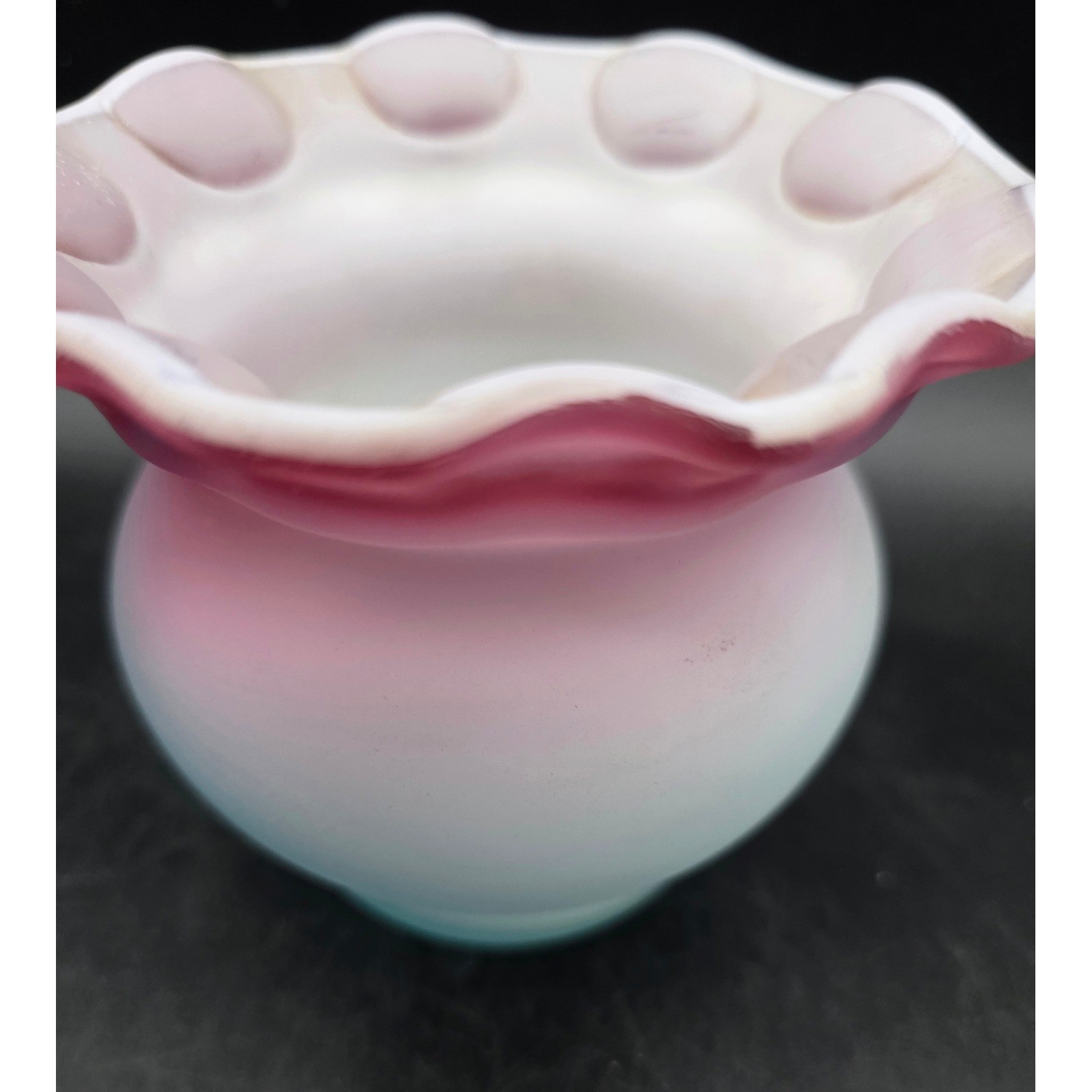 Vintage Murano MOP Burmese Satin Glass Pink White Blue Ruffled Thumbprint Vase