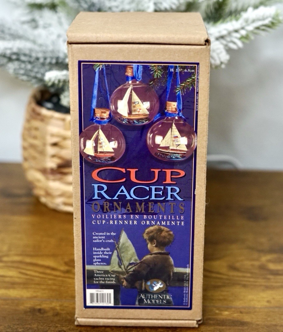 3 Vintage Cup Racer Ornaments Glass Authentic Models Sailing Ship Nautical 2.5”