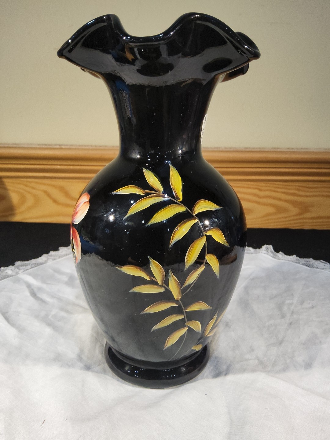 Fenton 100th Anniversary Vase Black Ebony HP Pink Coral Floral Gold Leaf Ruffle