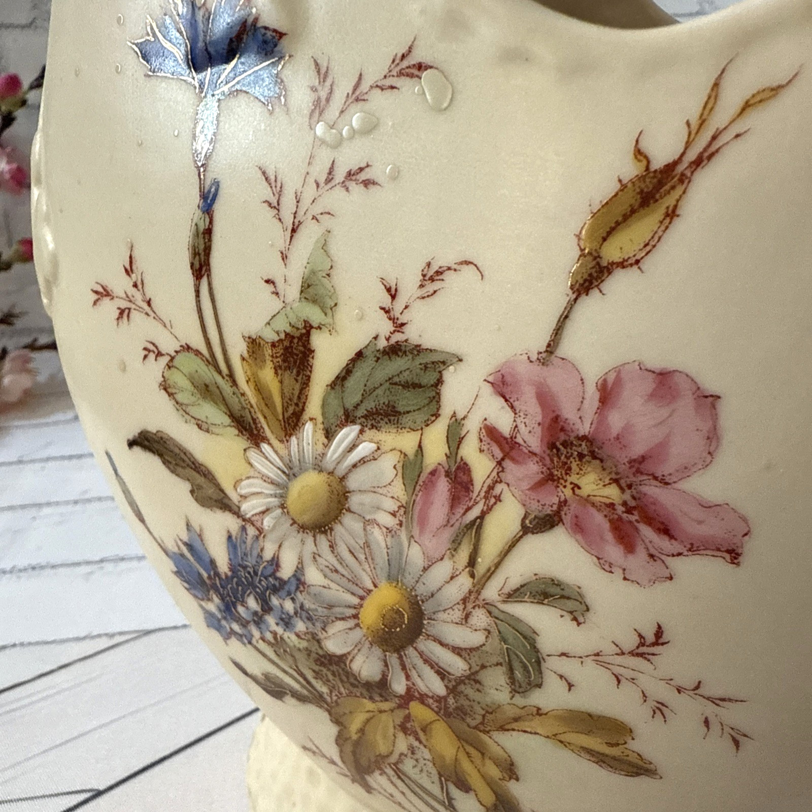 Rare! VTG Ceramic Ewer with Dragon Handle, Floral Design 9.75” Vase 1930-50 s