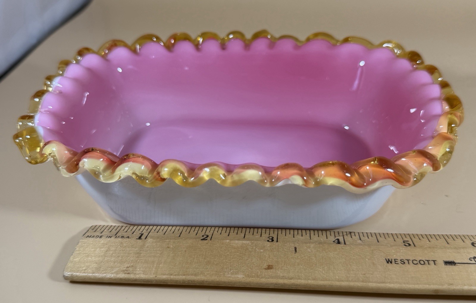 Peach Blown Glass Amber Crest -Crimped Fluted Rectangular Candy Dish -Art Glass