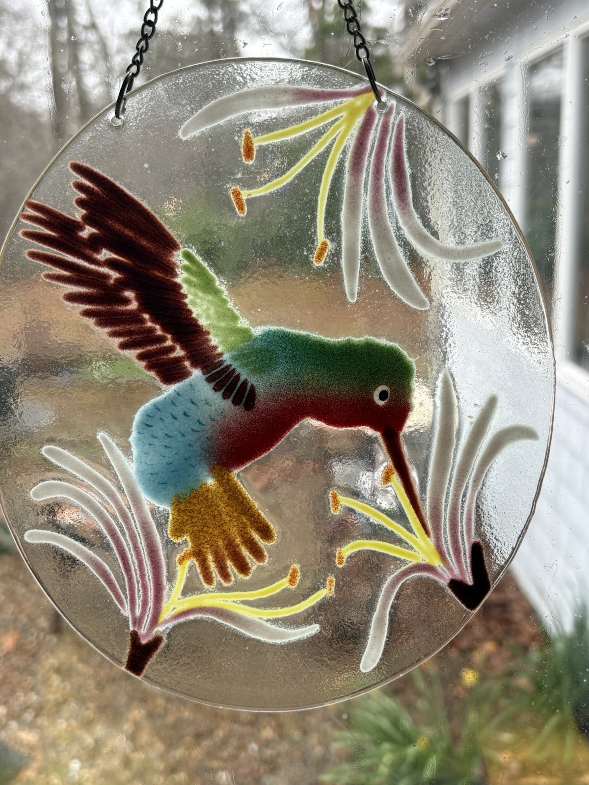 Wm.McGrath HUMMINGBIRDS FEEDING Fused Art Decorative Glass Window Hanging Decor