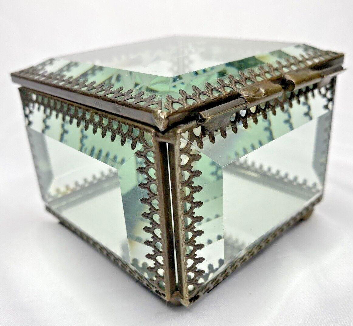 Nicole Miller Antiqued Brass Ormolu Beveled Glass Footed Jewelry Box