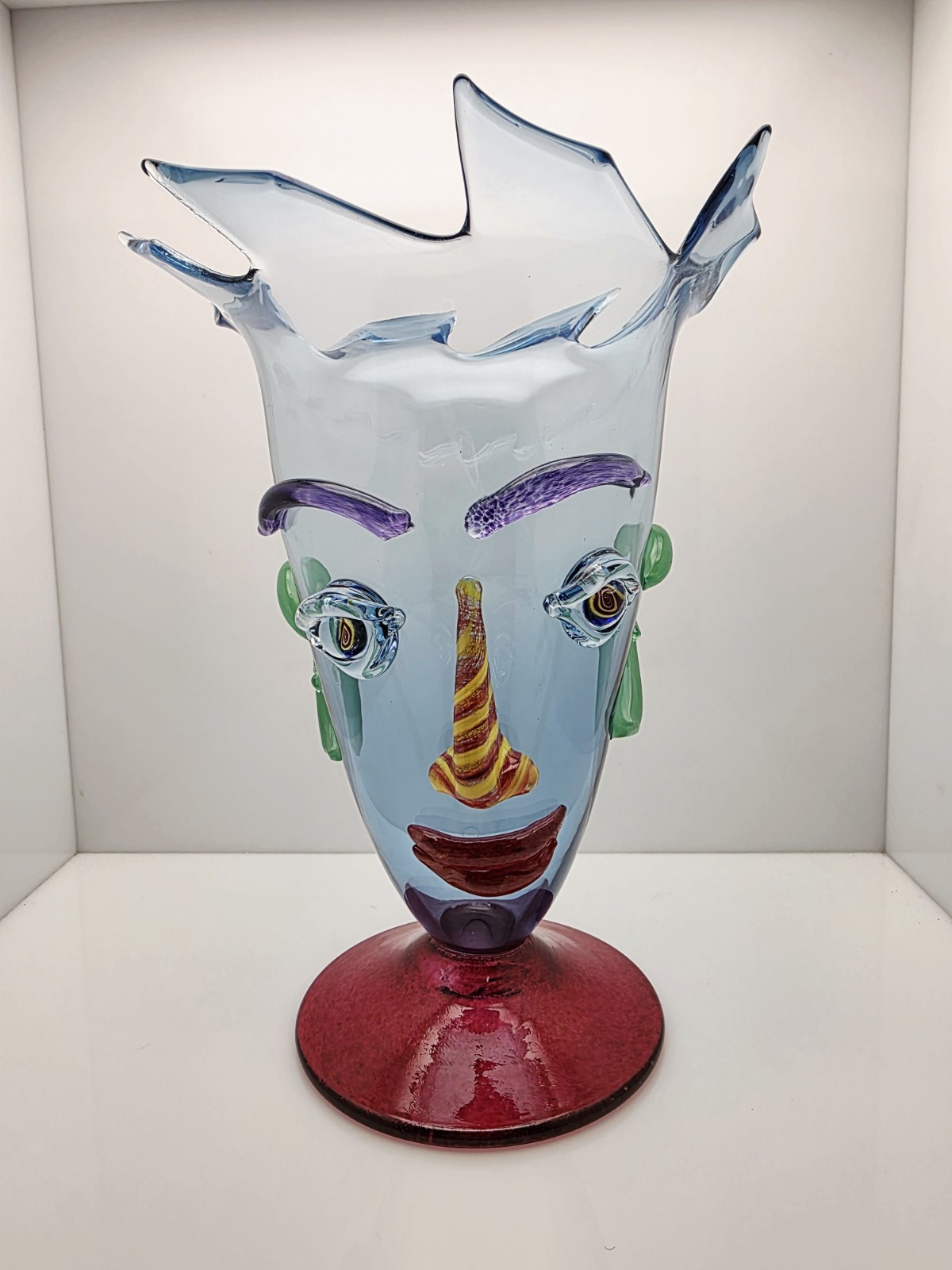Christopher Belleau 2001 Signed Hand Blown Glass Face Vase Large 11″ Vintage