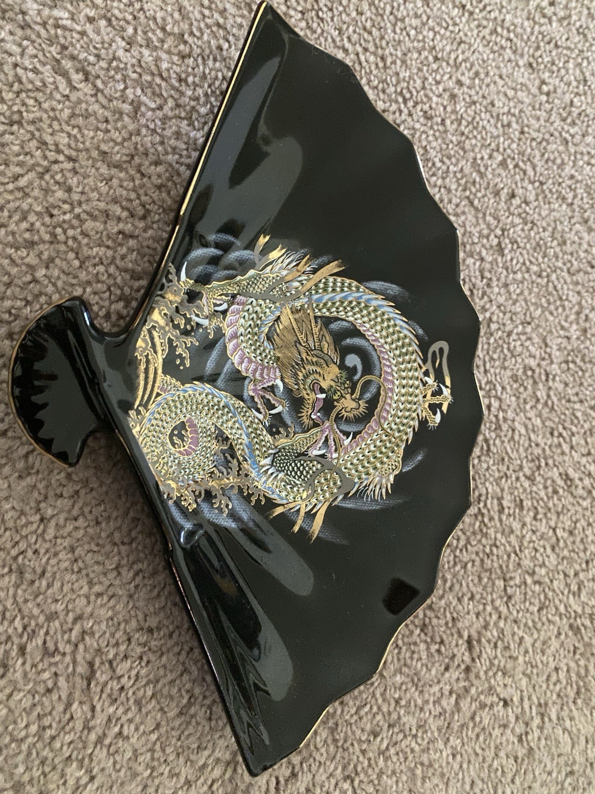 Japanese Ceramic Fan-Shaped Ashtray/ Dish Black Glossy Dragon Decorative