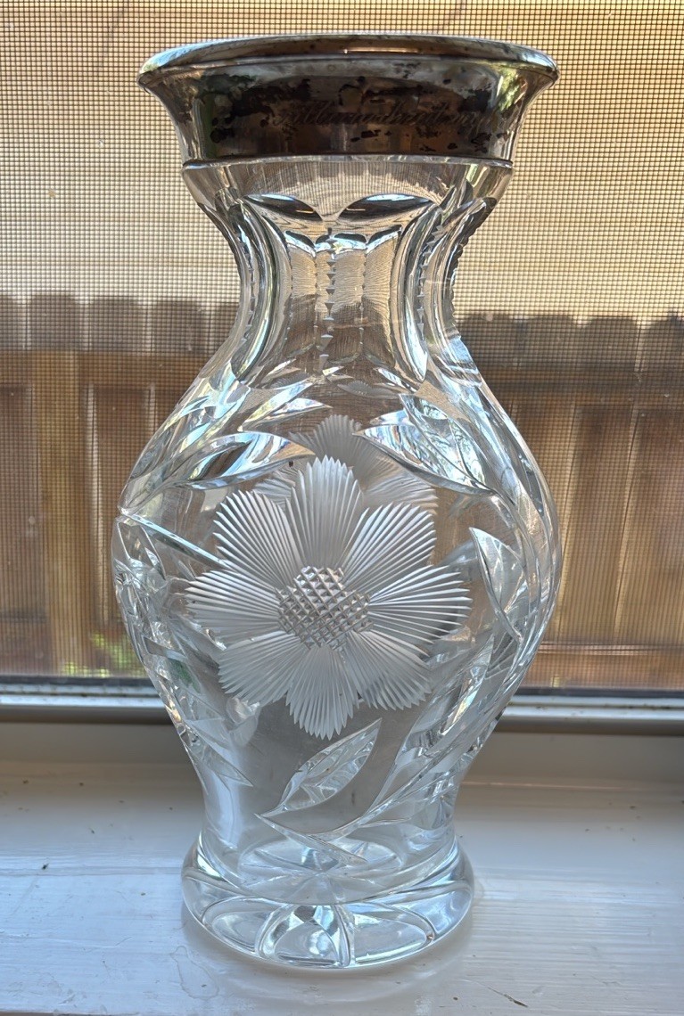 1930’s European Cut Etched Floral Crystal Glass Vase 800 Silver Collar 9”