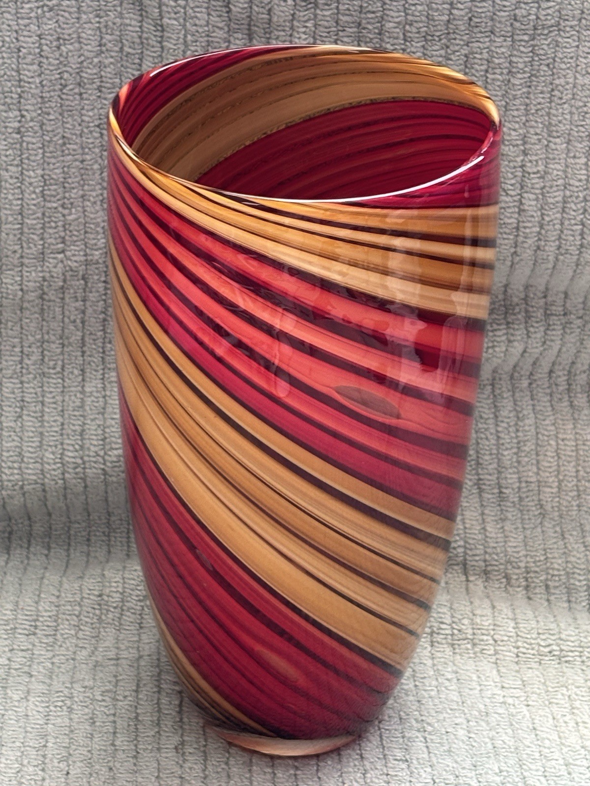 Large Handblown Red & Gold Swirl Art Glass Vase Round Murano Style 10 1/4″