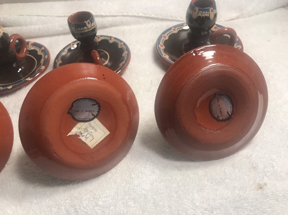 Bulgarian Pottery 2 Candle Holders Dark Brown Blue Terracotta Peacock Eyes Monks