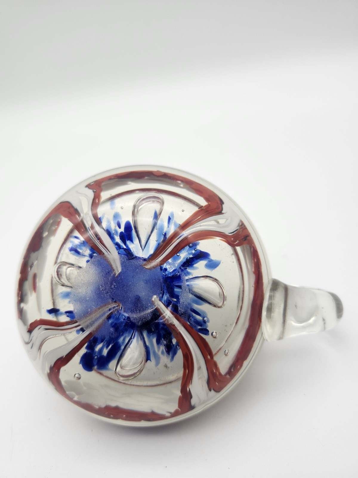 Hand Blown Art Glass Candle Holder Decorative Red Blue White Swirl With Handle