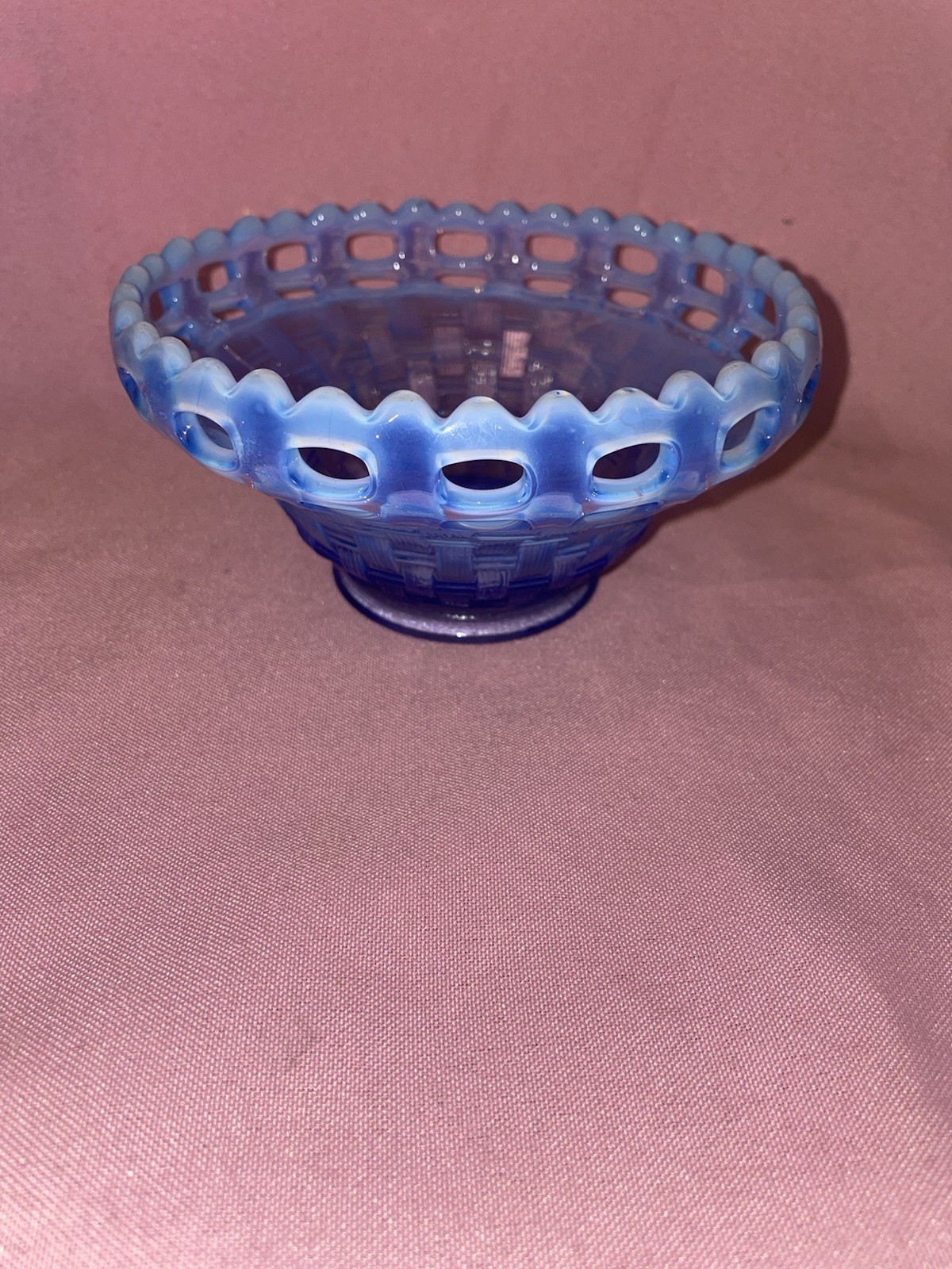 Vintage Fenton Blue Opalescent Basketweave Open Lace Edge Glass Bowl 5”
