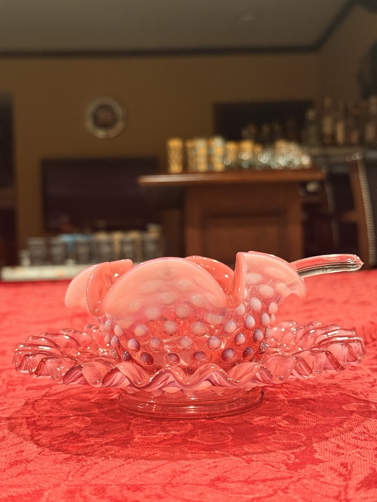 Vintage Fenton Cranberry Opalescent Hobnail Mayonnaise Set W/ Underplate & Ladle