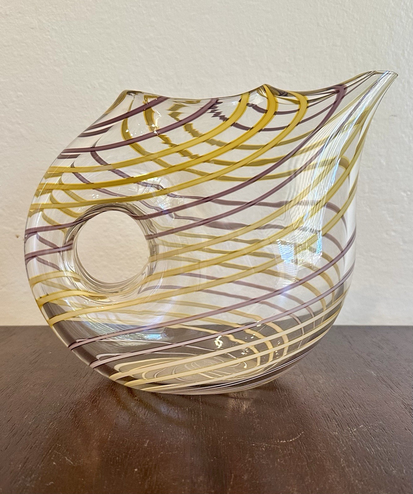 Vintage Studio Art Glass Vase Pitcher Donut Form Applied Ribbon Murano Style 7”H