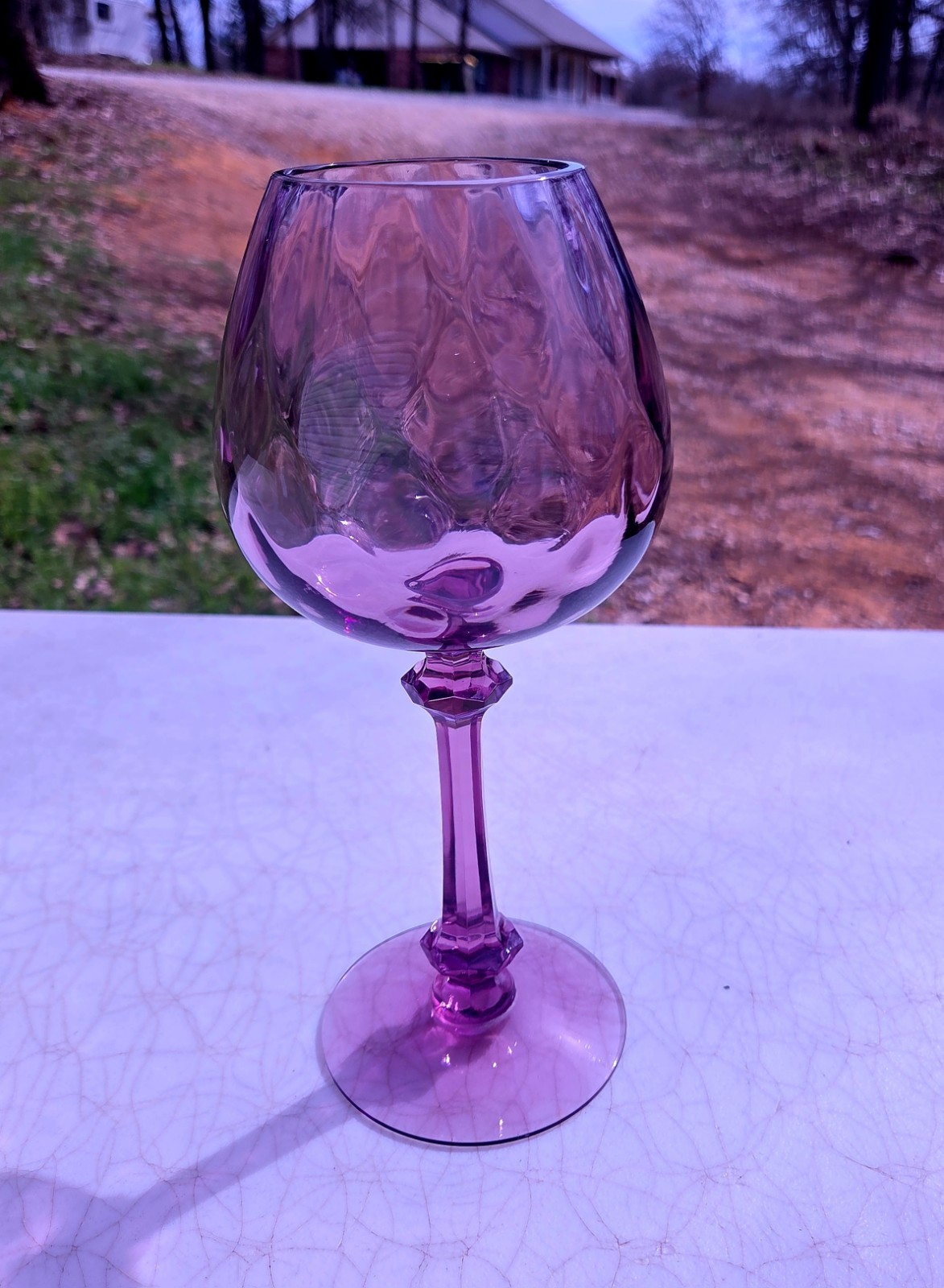 MCM Tiffin-Franciscan Amethyst Purple Lilac Diamond Optic Ivy Ball Vase 9.75″ H