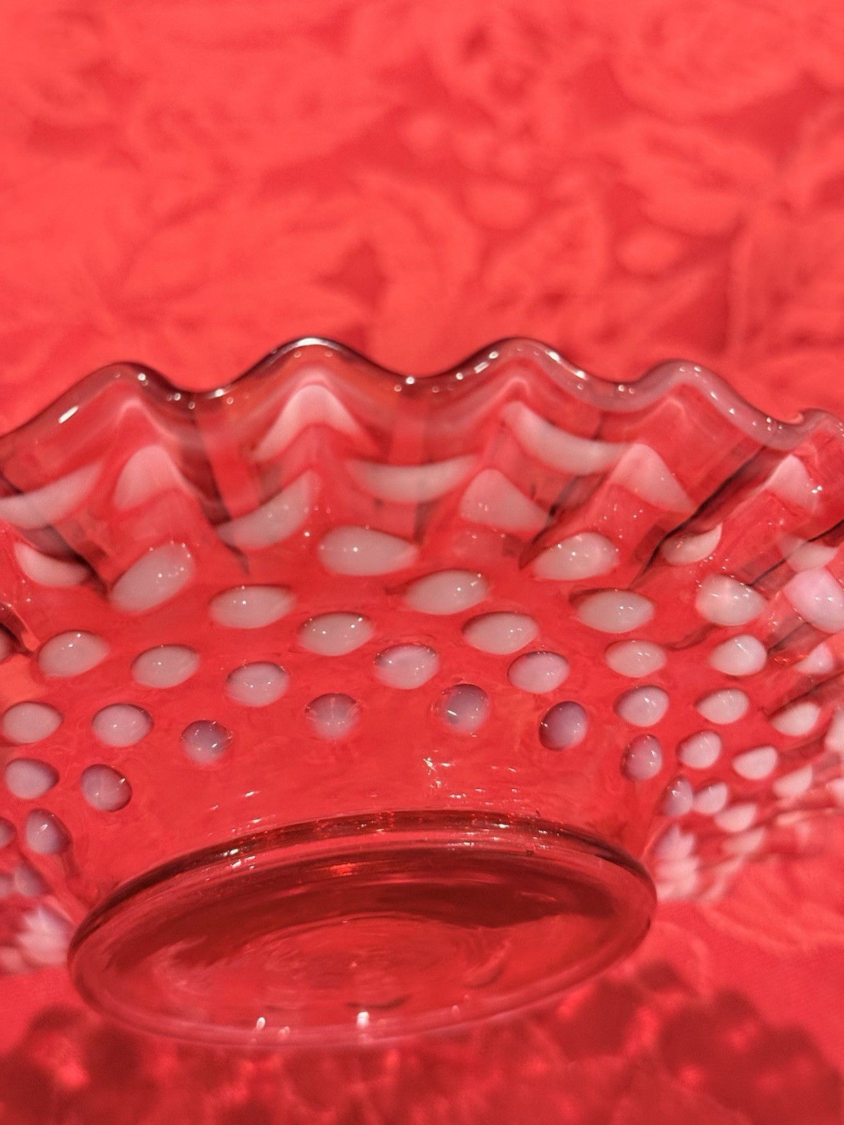 Vintage Fenton Cranberry Opalescent Hobnail Mayonnaise Set W/ Underplate & Ladle
