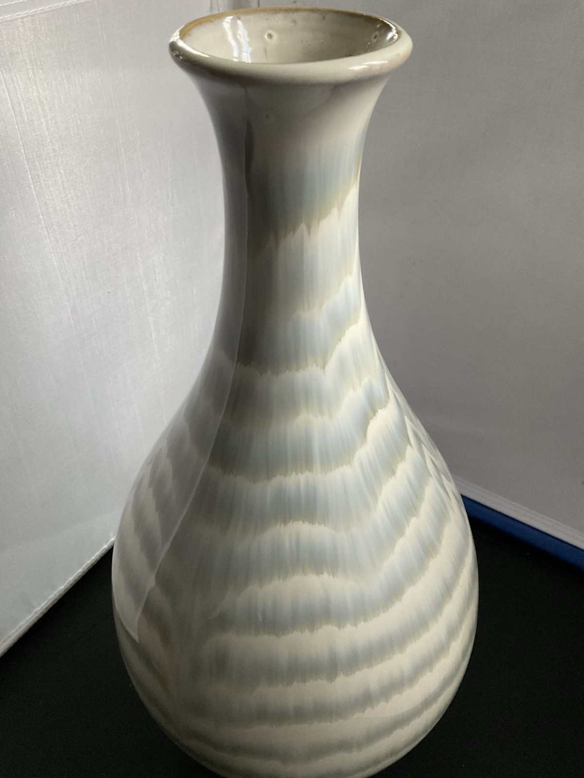 Large Handmade Signed Vase Cream Blue Green Abstract 16” X 8” Ceramic Glossy