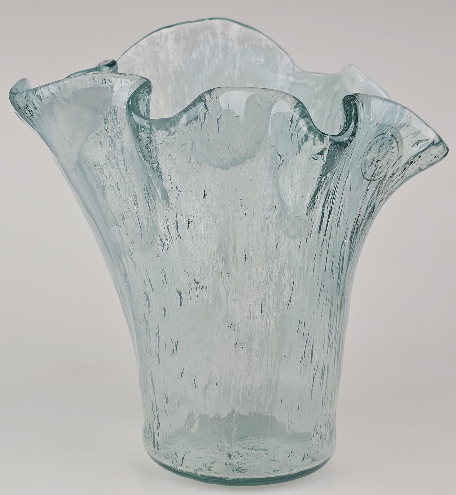 Murero Glass Aqua & White Large Handkerchief Vase or Luxury Trash Bin Italy 11″