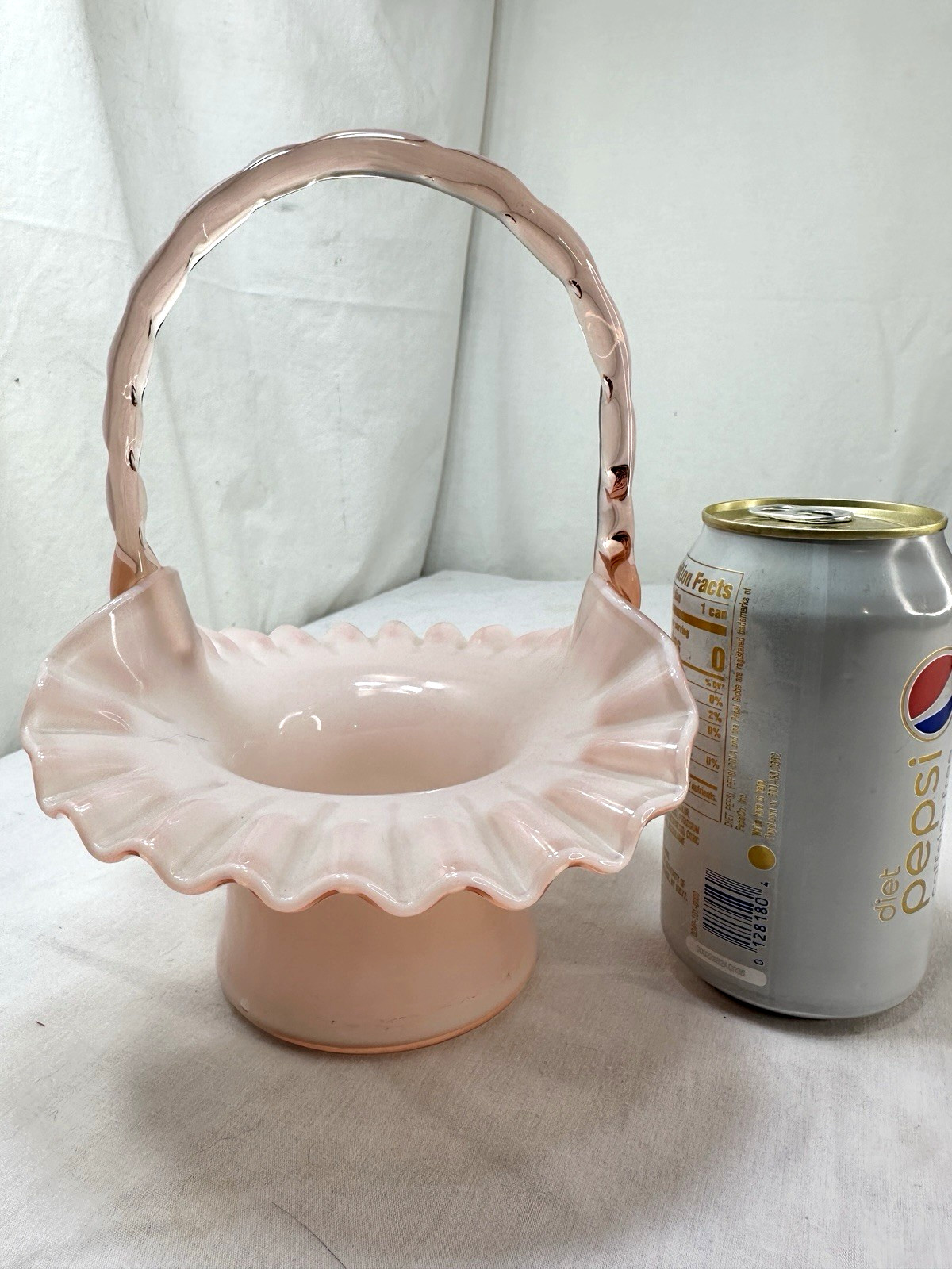 Fenton Art Glass Pink Overlay Ruffled ClearHandle Bridal Basket Easter 8.5″ Vase