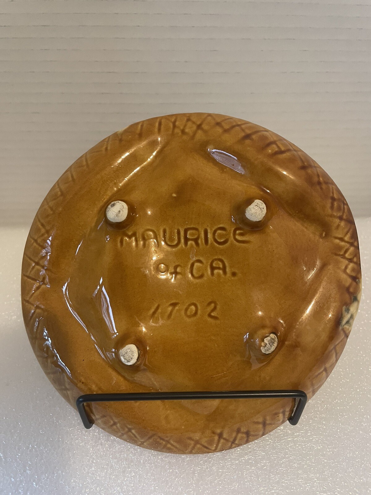 Maurice Of California Signed Pottery Ashtray Gold Fire Red Brown MCM Vintage