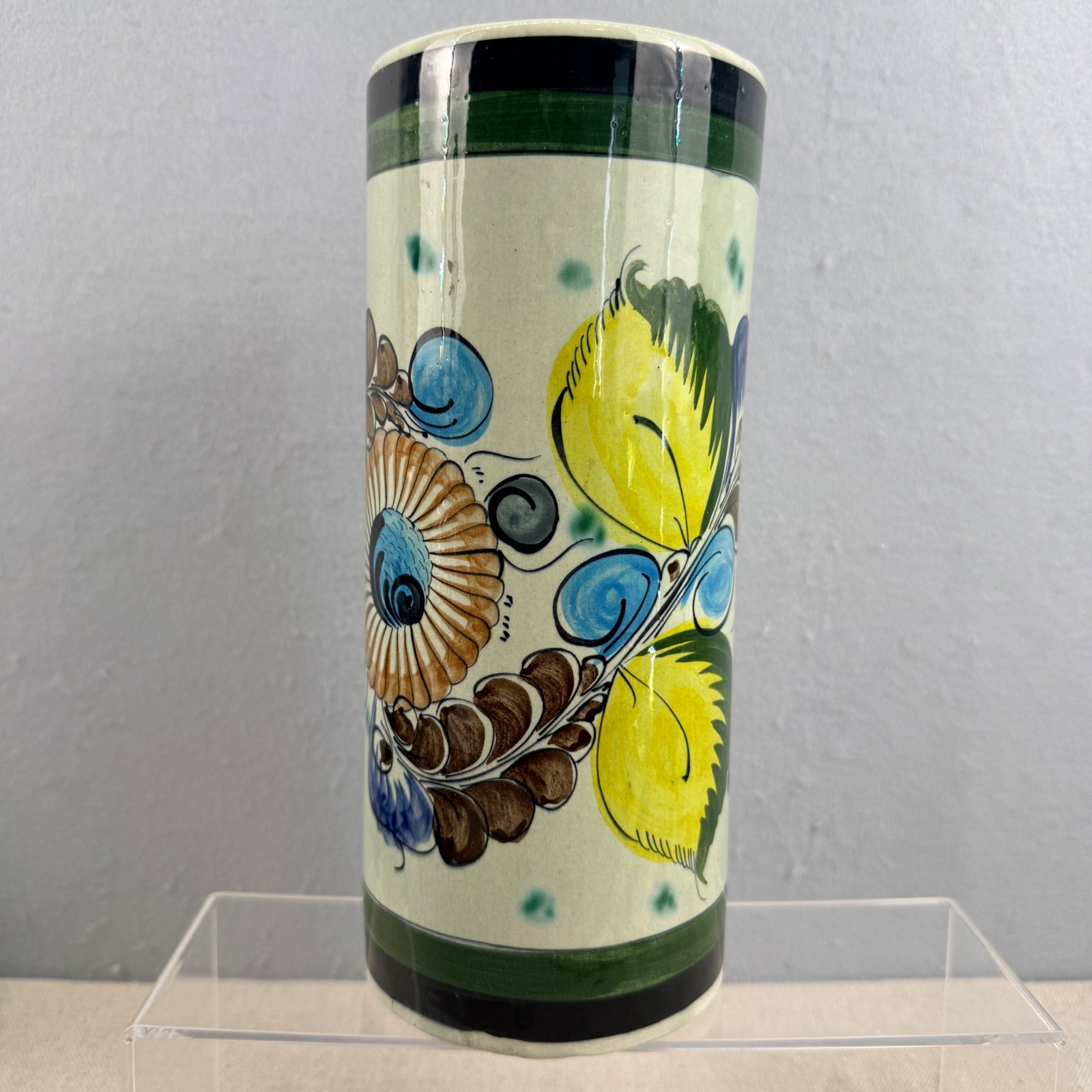 Vintage Tonala Mexican Art Pottery Tall Cylinder Vase Hand Painted Floral 10.5″