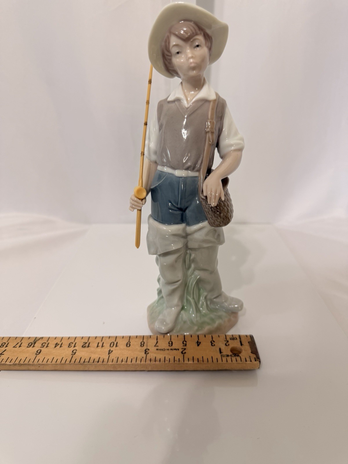 Lladró Hand Painted Porcelain Boy Figurine Fishing Rod Basket 4590