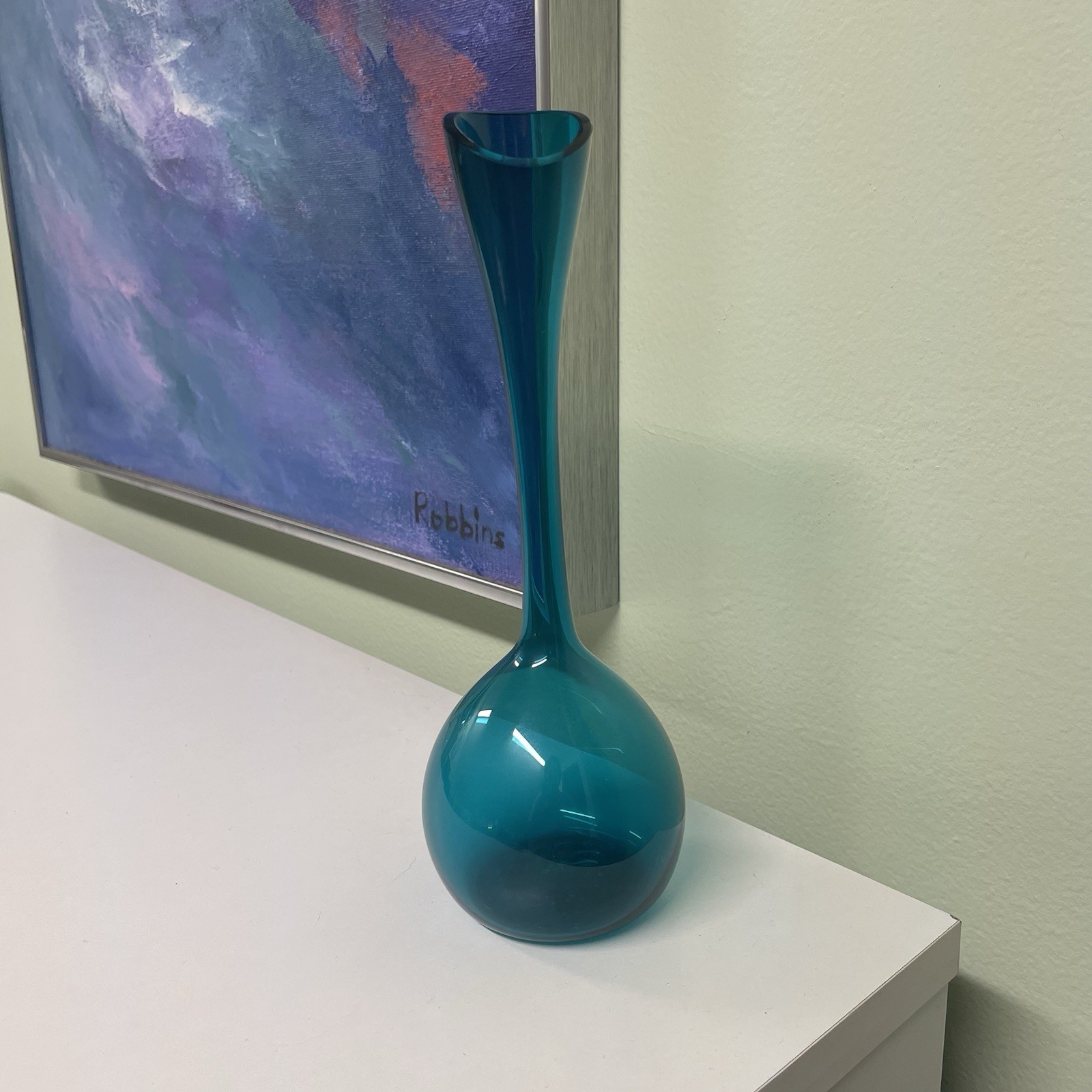 Vintage Mid Century Modern Lindshammar Gunnar Andar Swedish Teal Blue Bud Vase