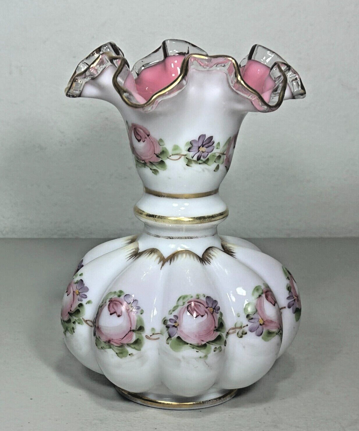 Fenton Charleton Peach Crest Melon Vase 8.5″ Hand Painted Roses Vintage