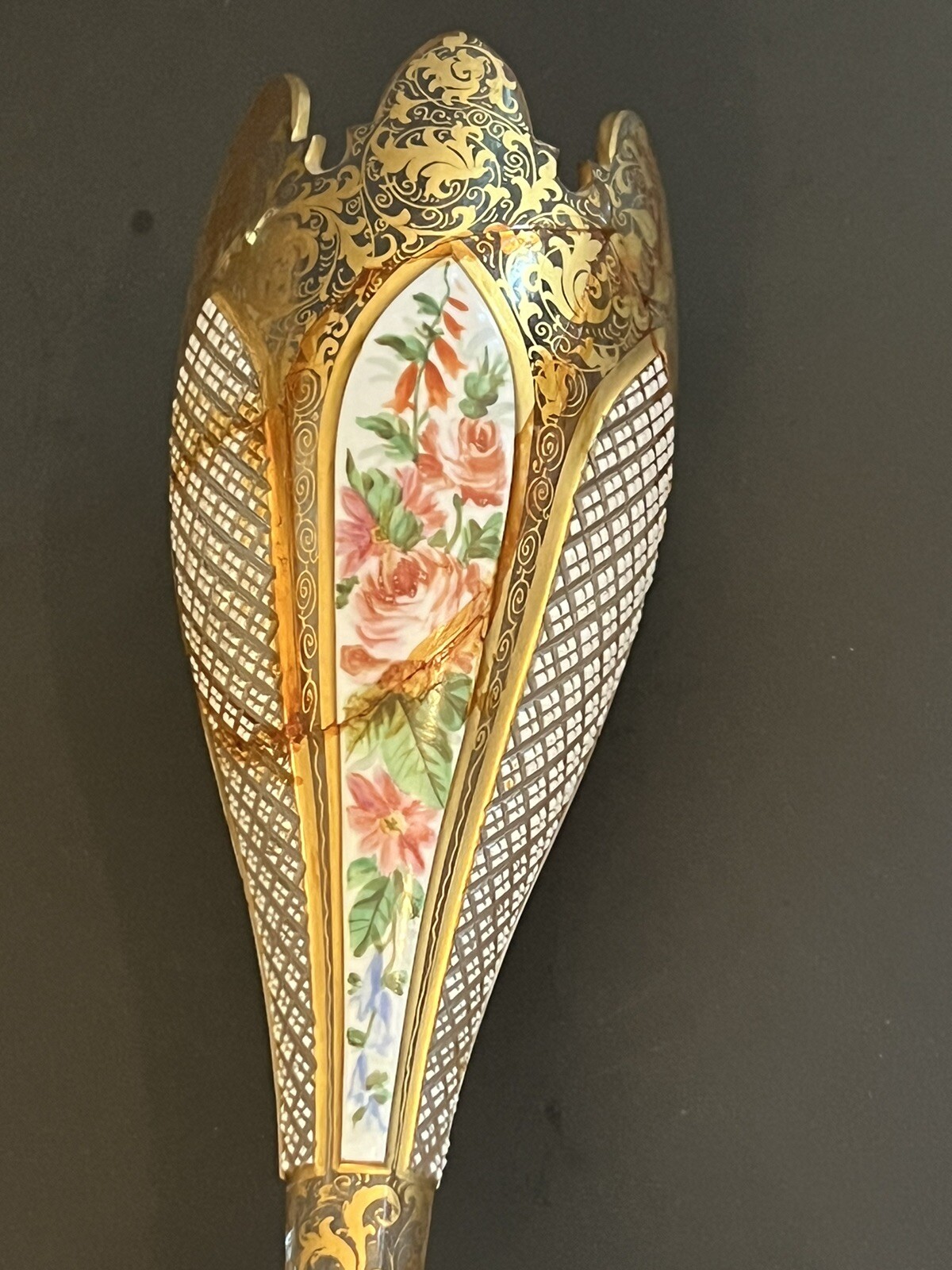 Antique Bohemian Czech Vase Handpainted Enamel Repaired Signed As Is Wheel cut