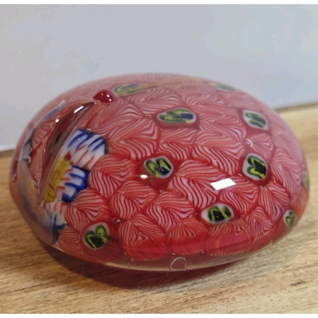 Vintage Red Millefiori Style Art Glass Peacock Paperweight