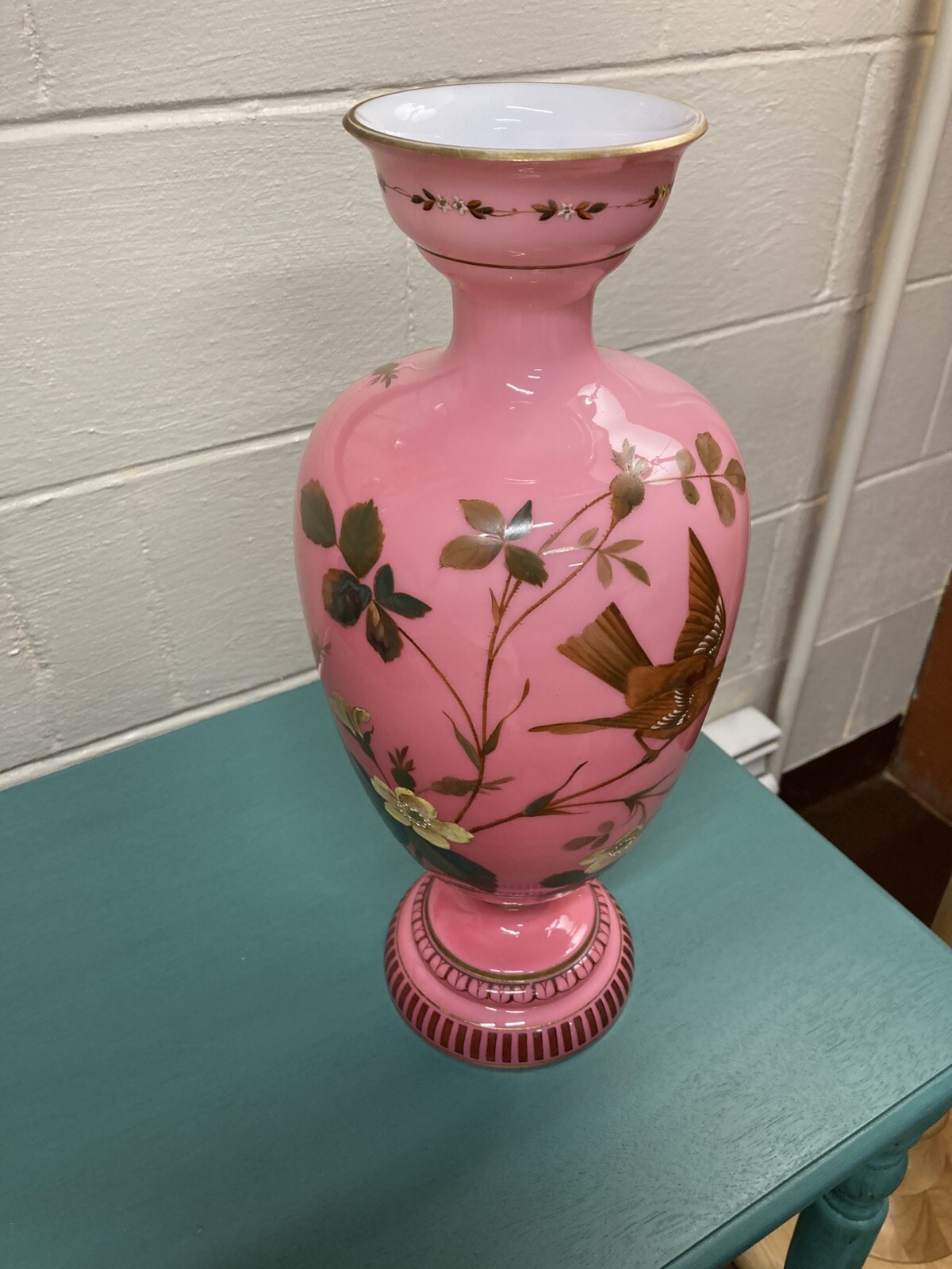 HARRACH MANTLE VASE 14″ X 6″ Bird & Blossom Enamel Pink Opaline EXCELLENT!