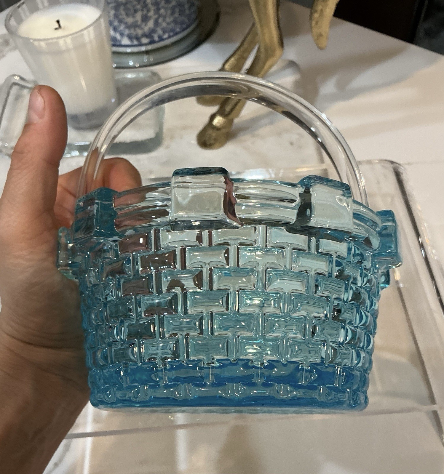 Westmoreland Basket Vintage Sapphire Blue Glass Handled ~7″ x 6″ x 6″ PRISTINE