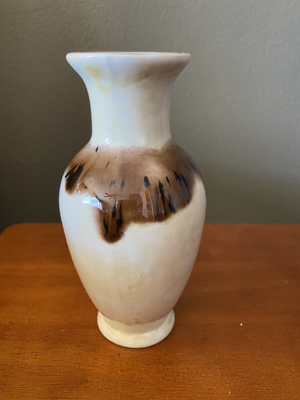 Studio Pottery Vase Handmade Vase Beige Brown Drip Glaze 6 1/2″ Signed JVS 78