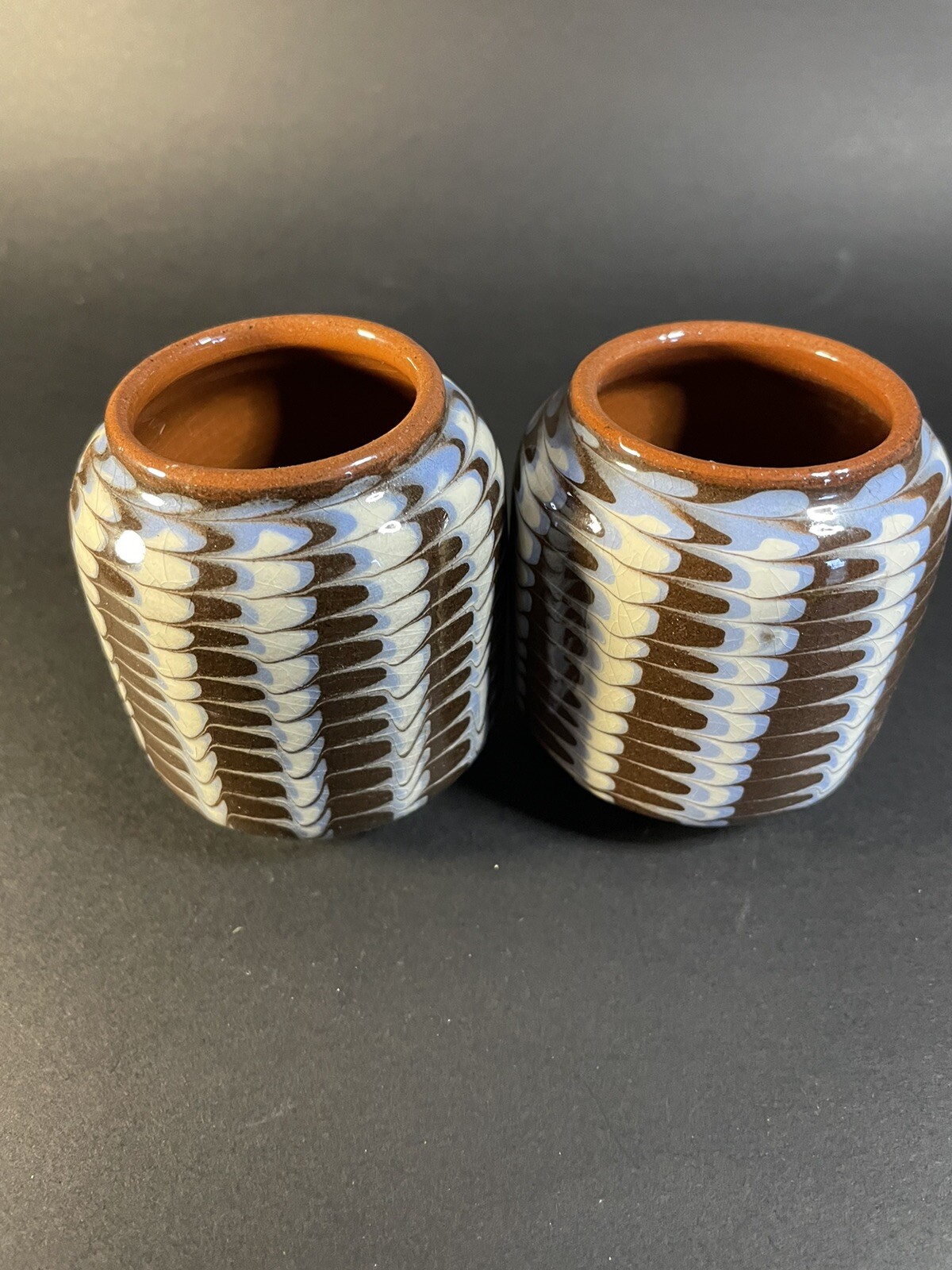 Bulgarian Ceramic Feathered Glazed Pottery Tea Light Candle Holders? 3.25”