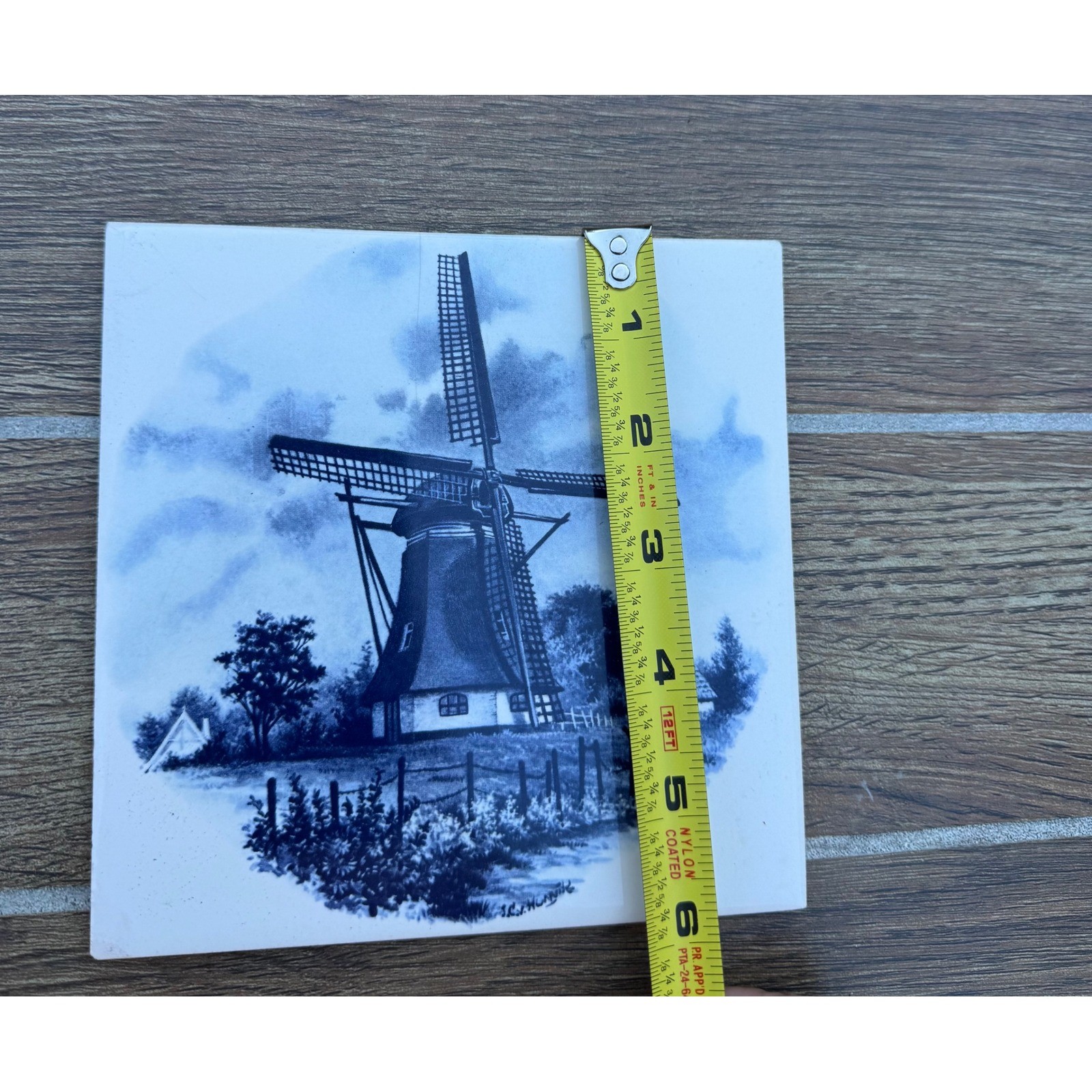 Delft blue 6″ wood framed ceramic art tile Vintage MOSA Holland porcelain