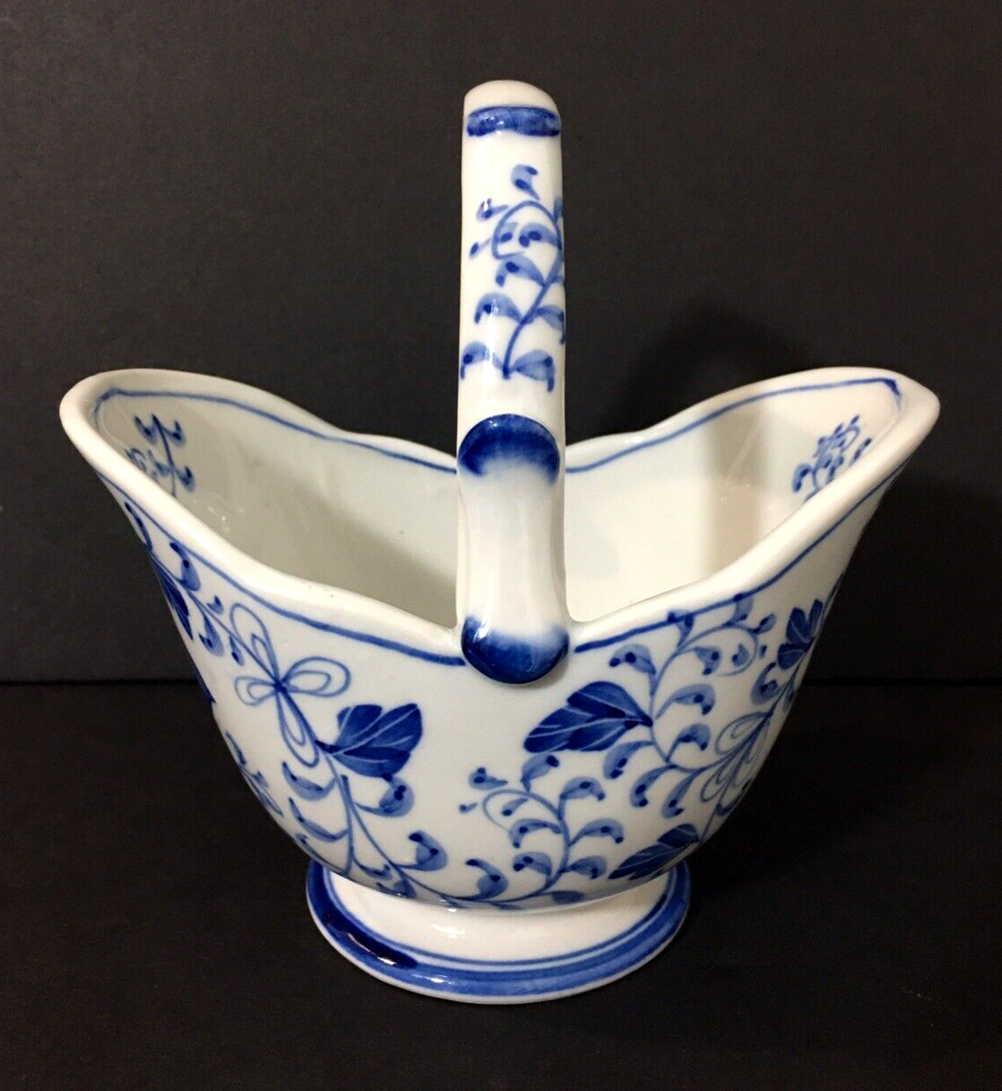 Andrea by Sadek Blue Mum 6 2/8″ Handled Handpainted Porcelain Basket