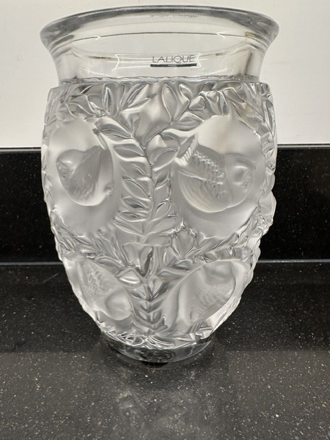 Lalique “Bagatelle” Bird Themed Frosted Crystal Vase Substantial Weight Signed