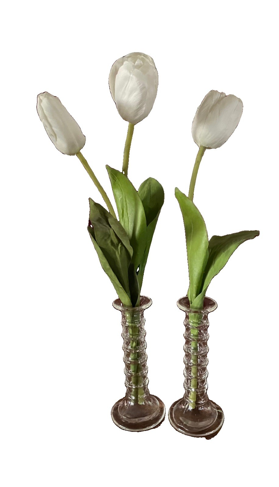 2~Clear Glass Candlestick Holders/Vases Ribbed Column Design 7” Tall