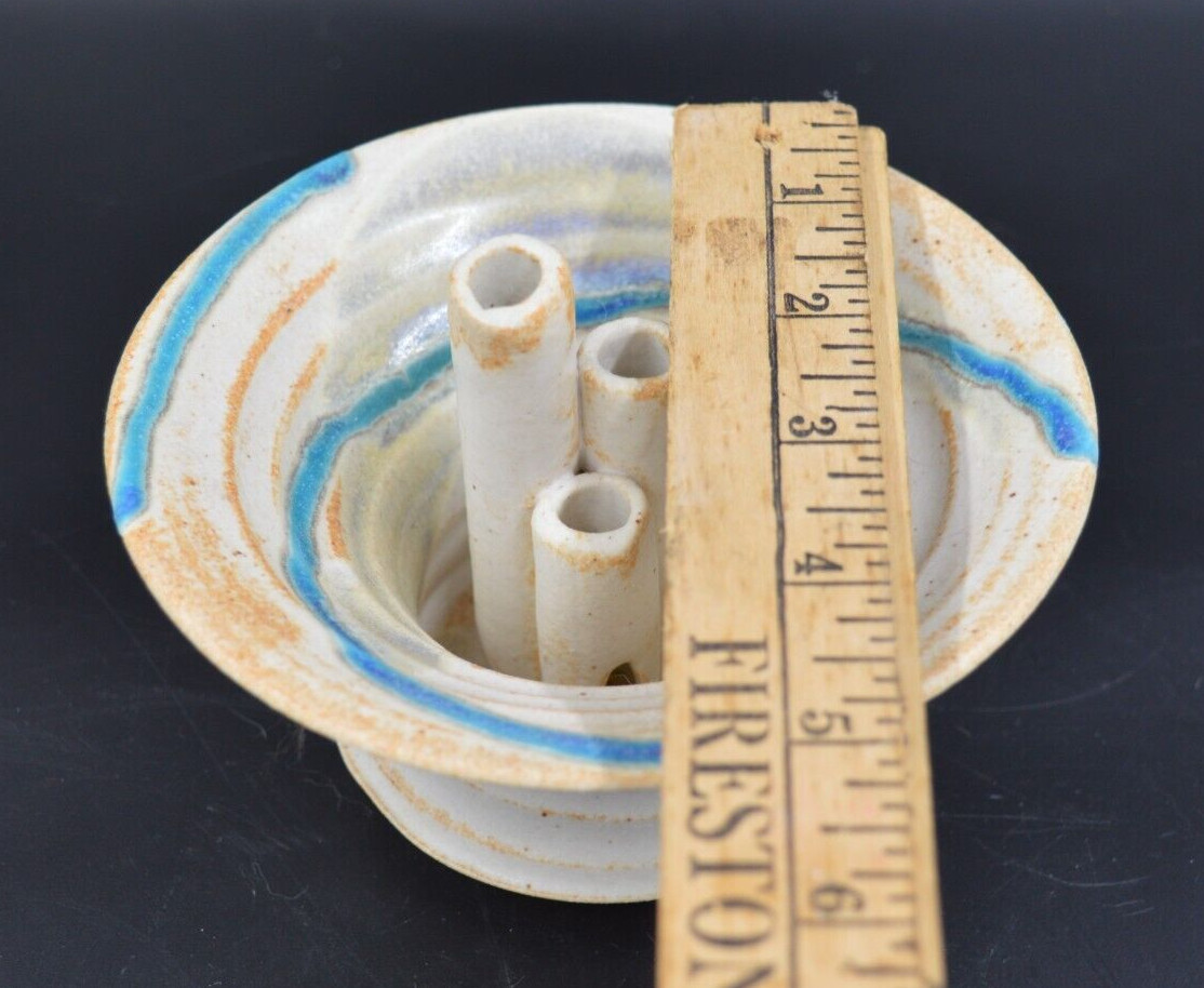 Vintage Studio Art Pottery Flower Frog Vase Bowl Beige Blue Hand Turned