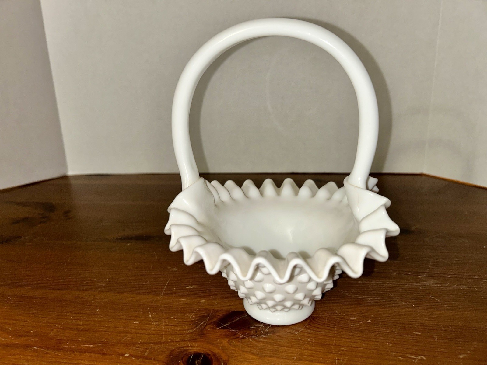 White Milk Glass Hobnail Pattern Ruffled Rim Basket 9”