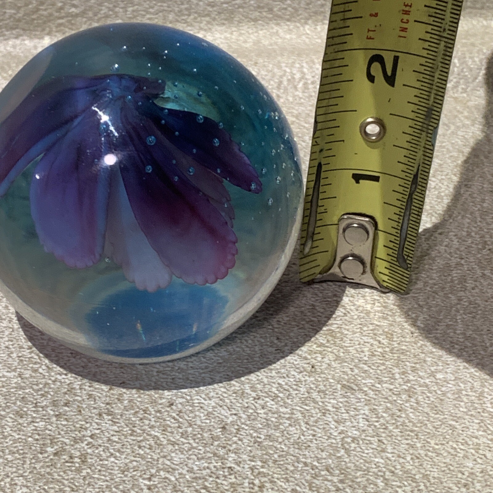 Pink Water Lily or Lotus Flower in Aqua Blue Water Glass Paperweight 2.25” Tall