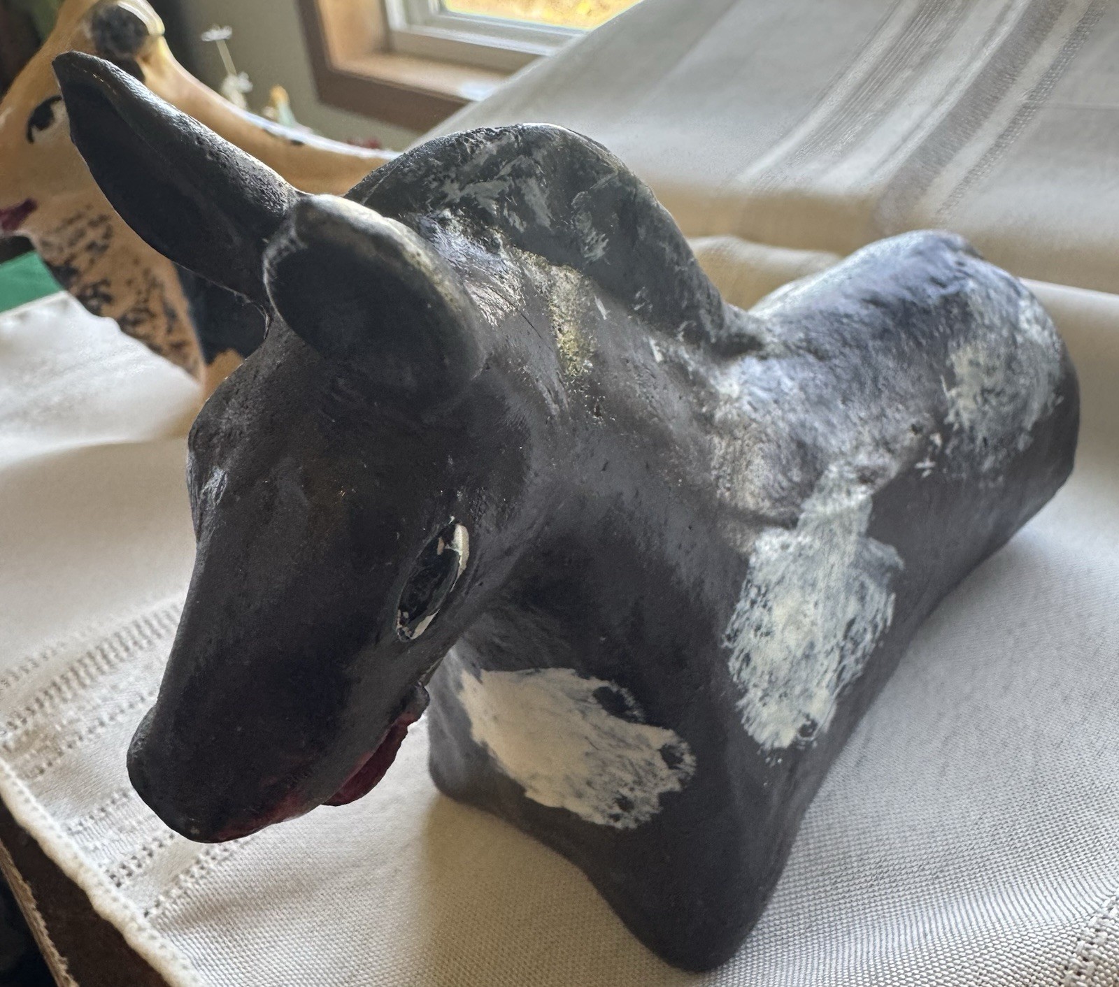 2 Handmade Pottery Cow Donkey Nativity Figurines Vintage Primitive Animals