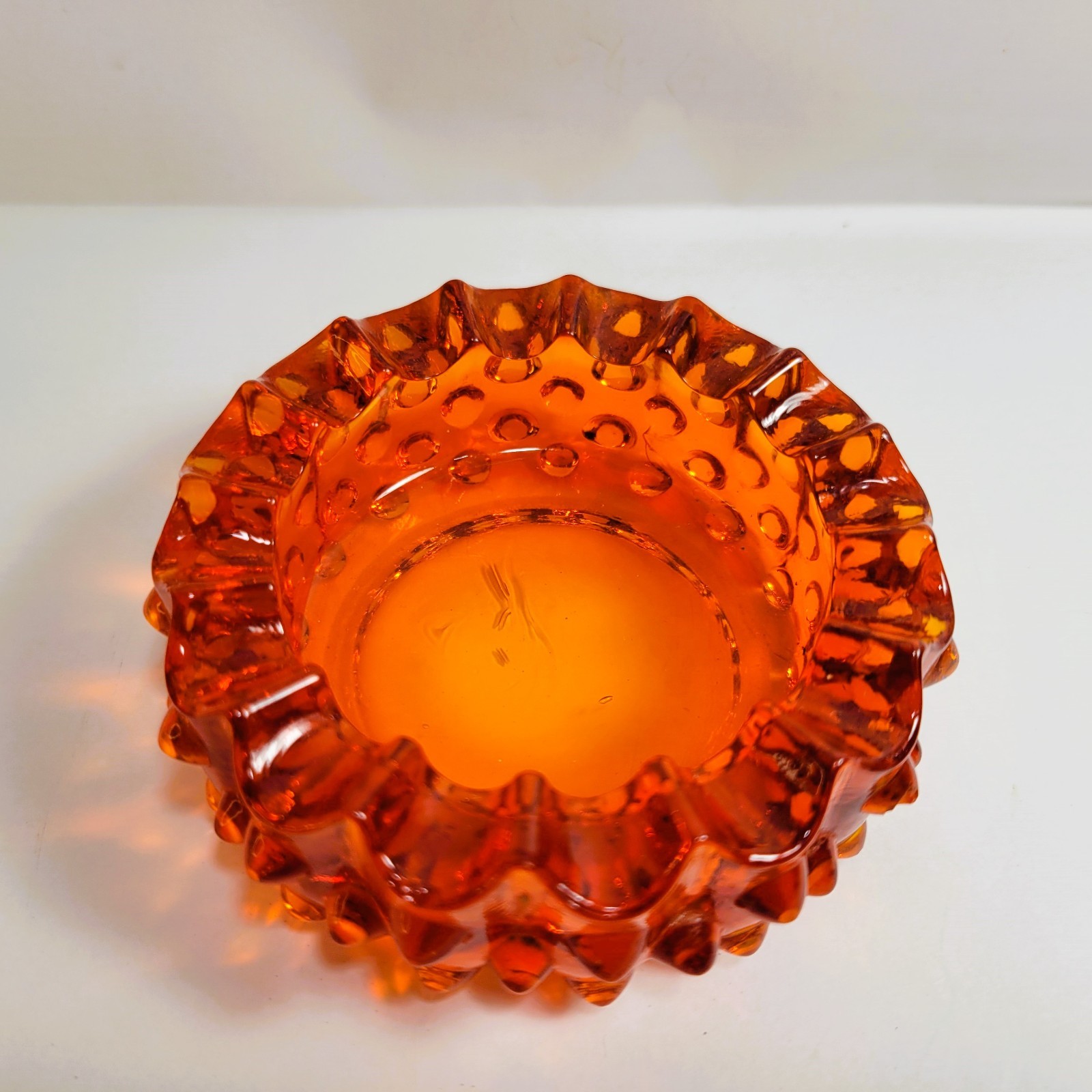 Vintage Retro Mid Century Fenton Hobnail Bright Orange Glass Ashtray 3 3/4″