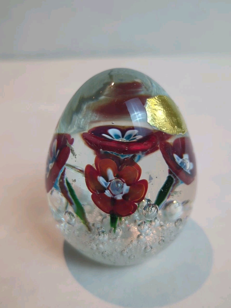 MURANO Glass PAPERWEIGHT EGG LAMPWORK FLOWERS Bubble’s Original Sticker Italy