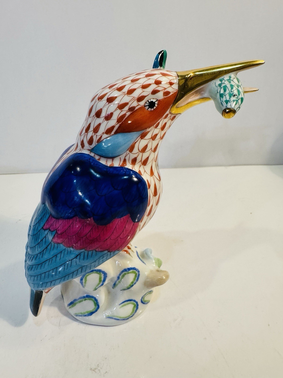 Rare Herend Rust Fishnet Kingfisher w/Fish In Mouth Hand Painted w/24k Perfect!