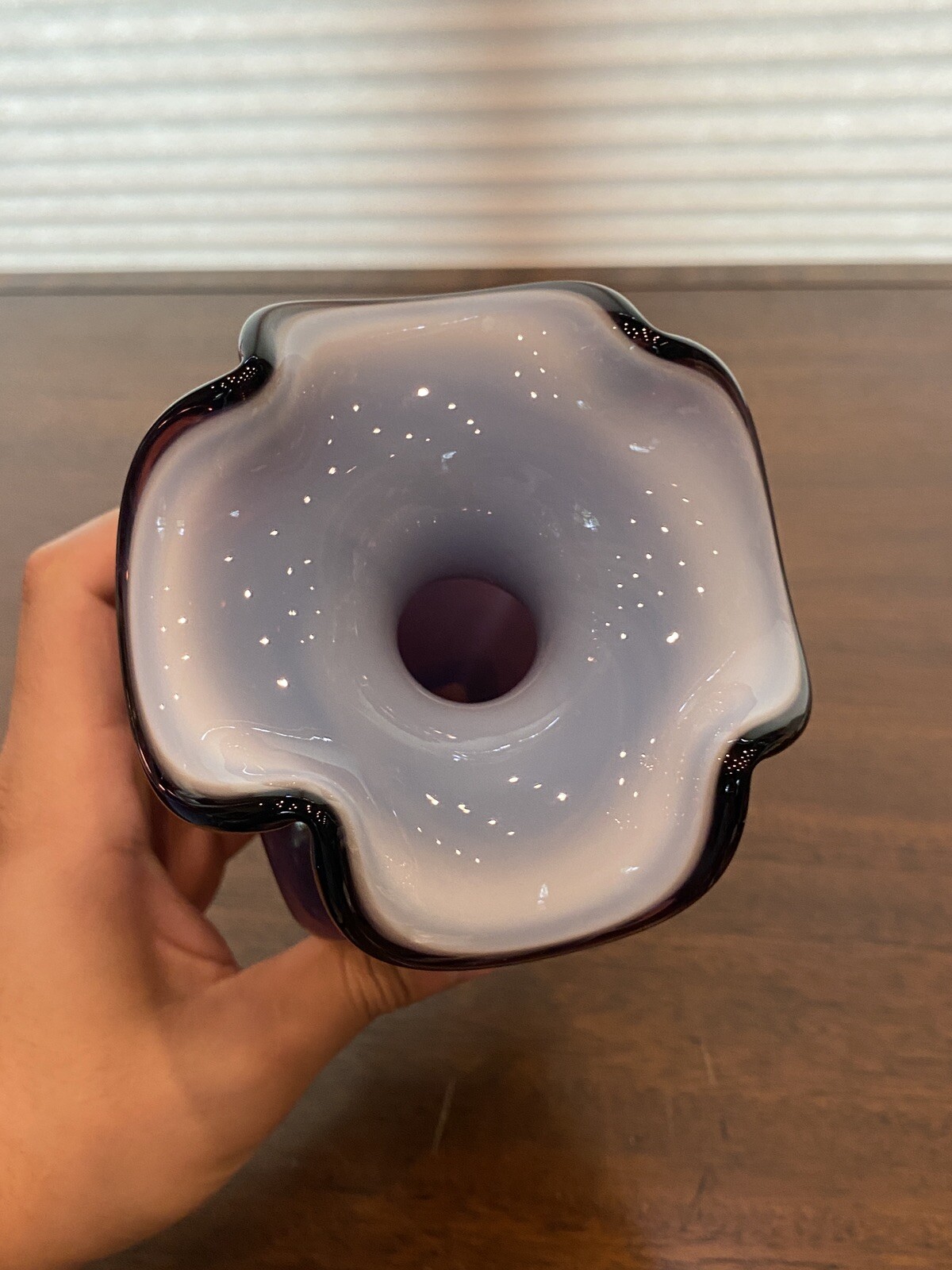 STUNNING FENTON Amethyst Opalescent Square Shaped Art Glass Vase W/LABEL 7.5″H
