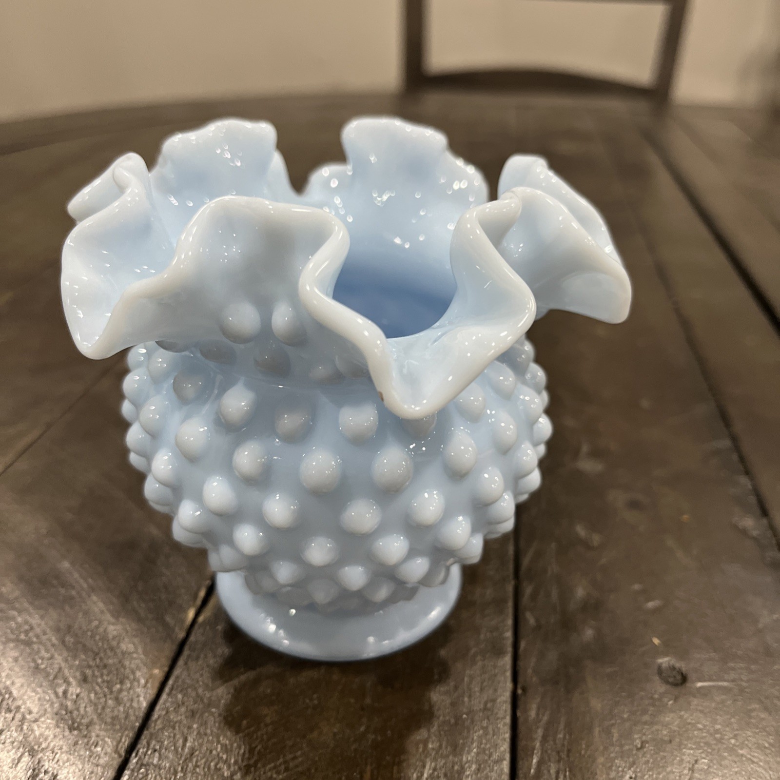 Vtg Fenton Delphite Blue Milk Glass Hobnail Double Ruffle Vase 4 1/4″