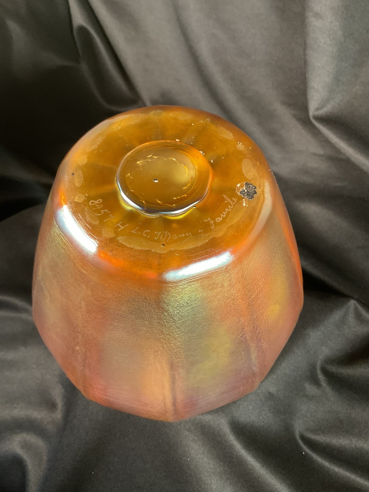 Signed Louis C. Tiffany Favrile large Gold Bulbous Vase with Highlights of Blue