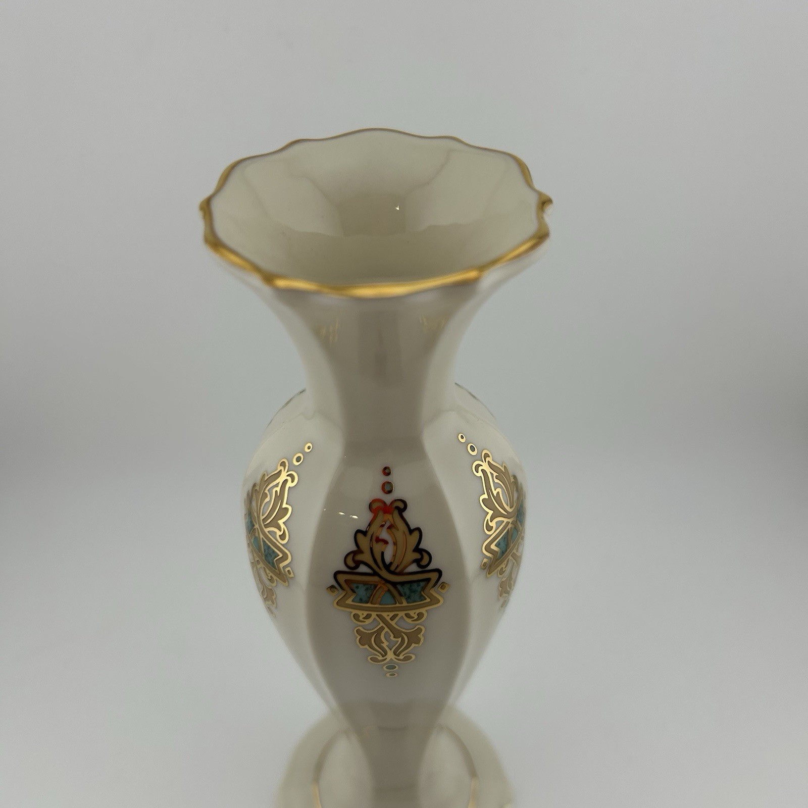 Lenox Catalan 8” Bud Vase Ivory Porcelain Gold Teal Trim Classic USA NEW W/BOX