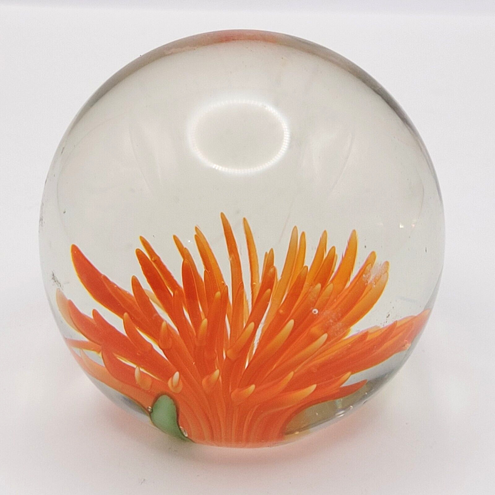 Dahlia or Zinnia Flower Orange Pointed Petal Small Clear Art Glass Paperweight