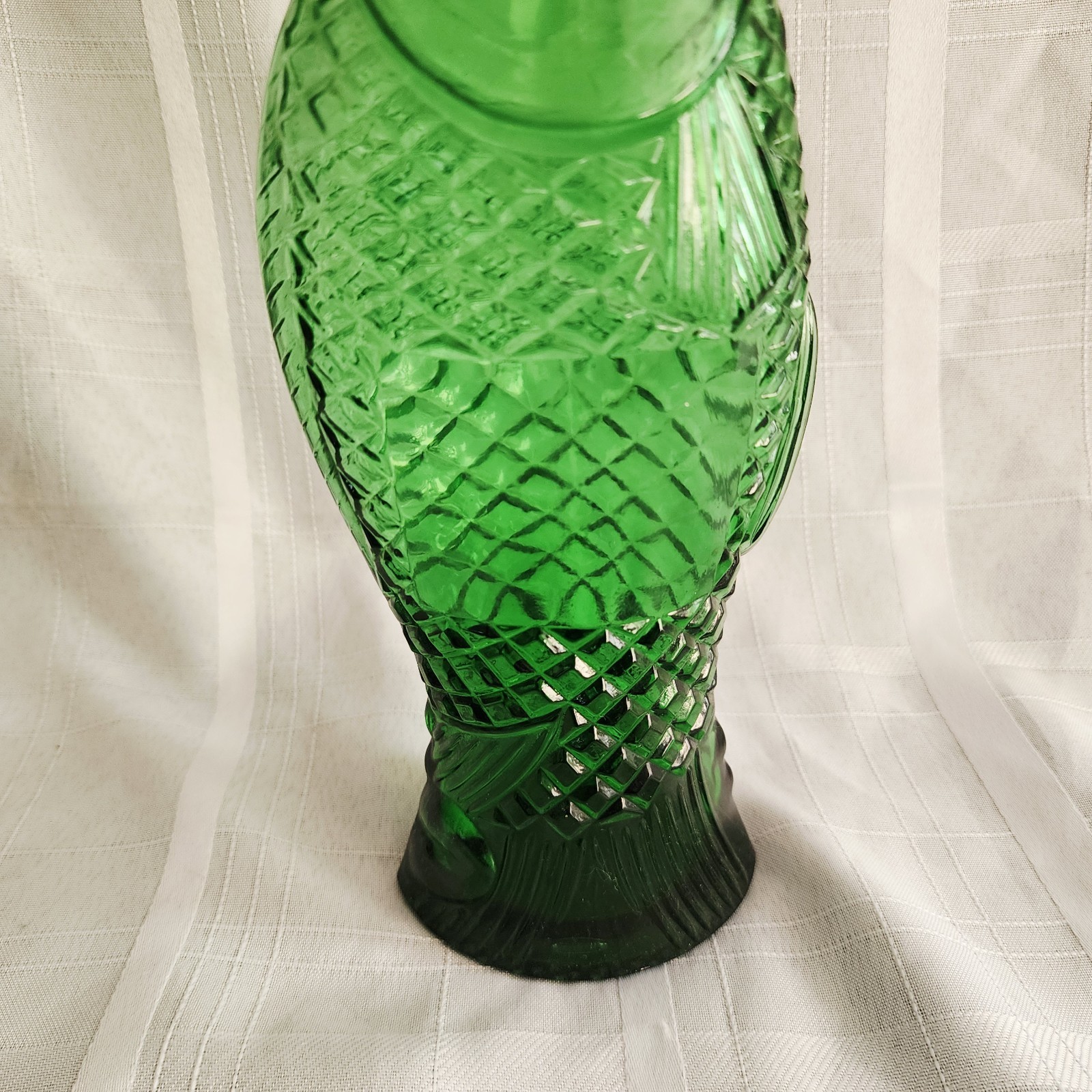 Vintage Green Glass Fish Shaped Wine Bottle Decanter Scales 13″ T F Mark