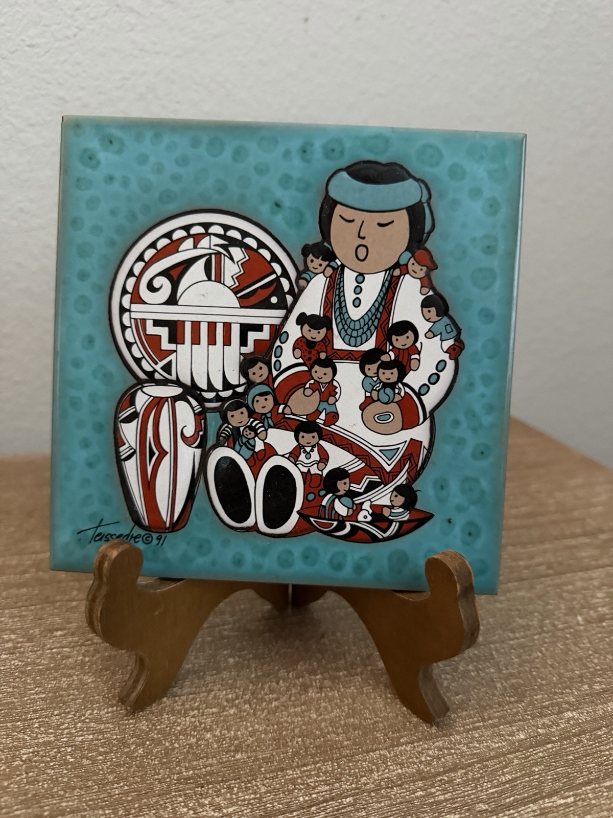 Vintage Cleo Teissedre Storyteller Trivet Tile Native Southwest Folk Art Signed